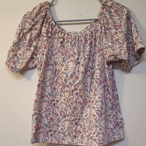 LOFT‎ Pink and Gray Smocked Puff Sleeve Blouse used good condition.